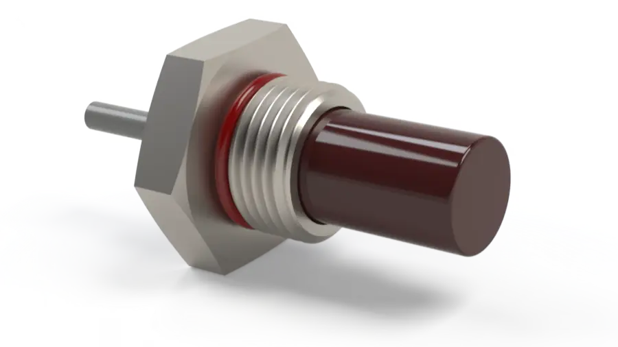 Render of a threaded KasperAero industrial ferrous debris sensor with a hex flange and red O-ring seal