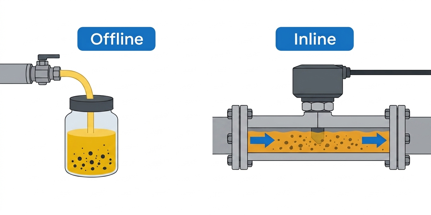 Oil sample being drawn into a bottle beside an inline debris sensor mounted in a flanged oil line, comparing offline laboratory sampling with inline sensing