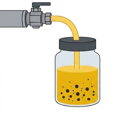 Oil being drawn from a valve into a sample bottle