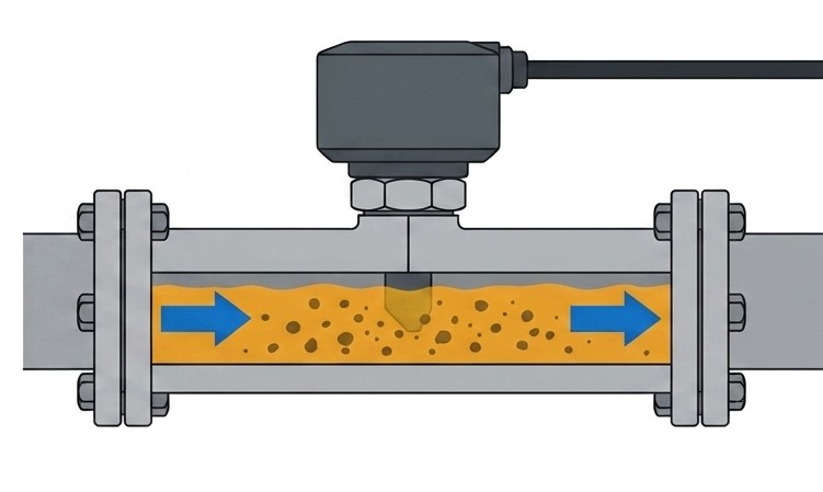 Inline debris sensor mounted in a flanged oil line with fluid flowing past the probe