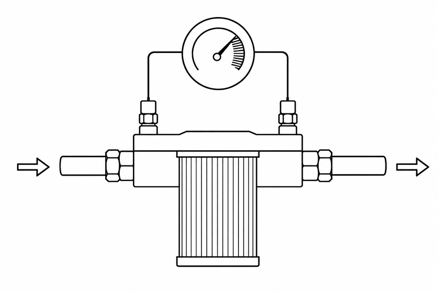 Diagram of filter differential pressure sensing, showing a gauge measuring pressure drop across a filter element