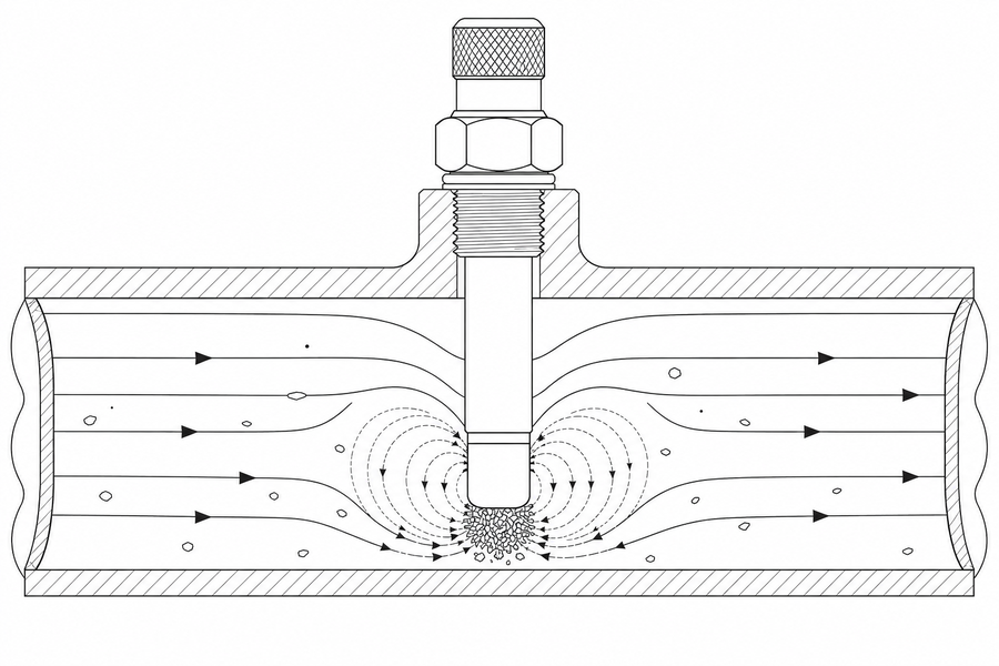 Cross-section diagram of a magnetic chip collector showing flow lines around a captured magnet