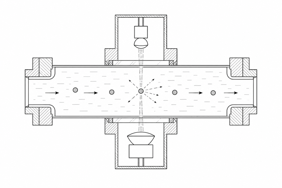 Diagram of optical particle counting showing a light source and flow cell