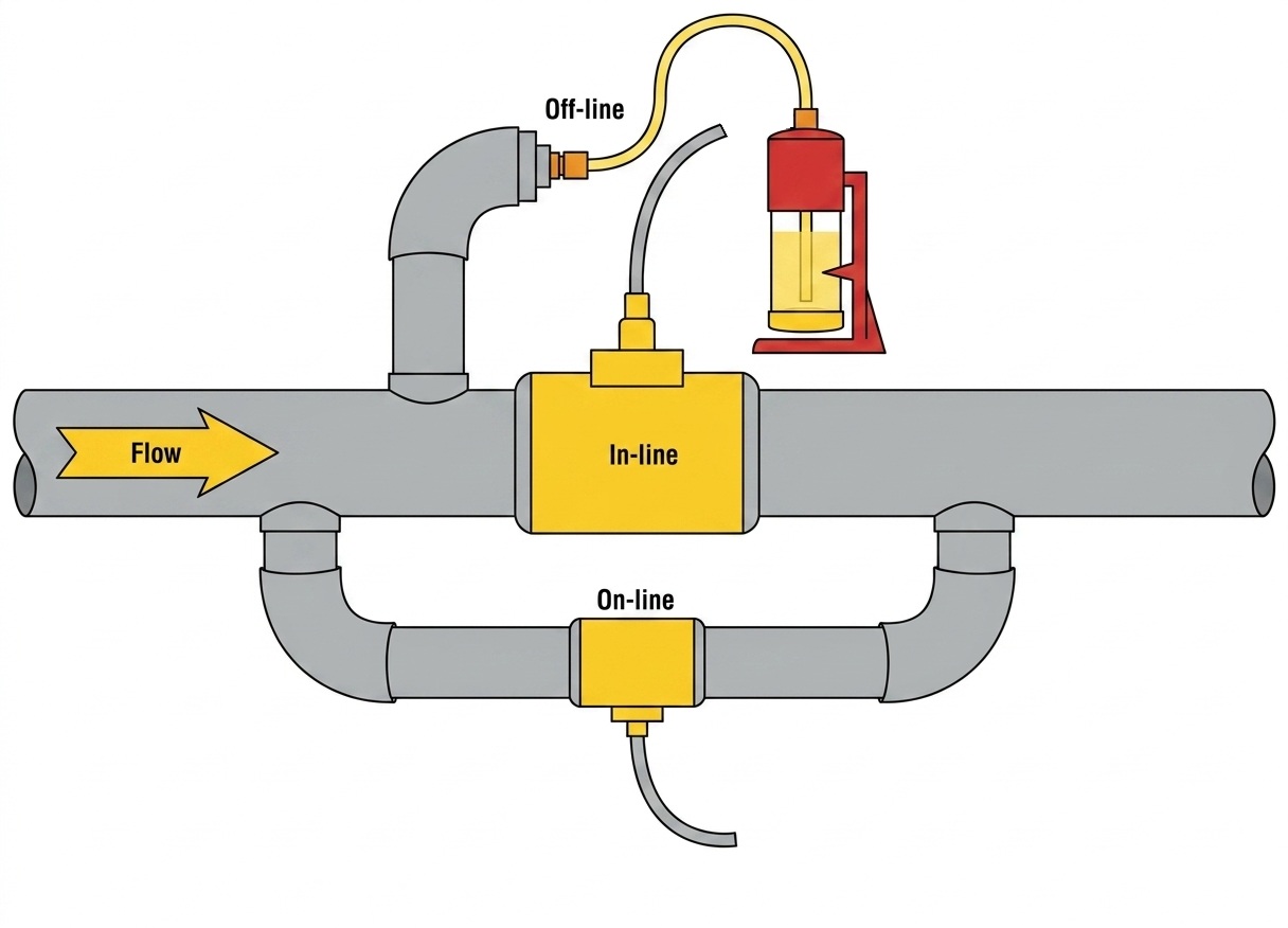 Diagram of an oil system showing in-line, on-line and off-line sensor mounting positions relative to the main flow path, a bypass loop and a drawn bottle sample