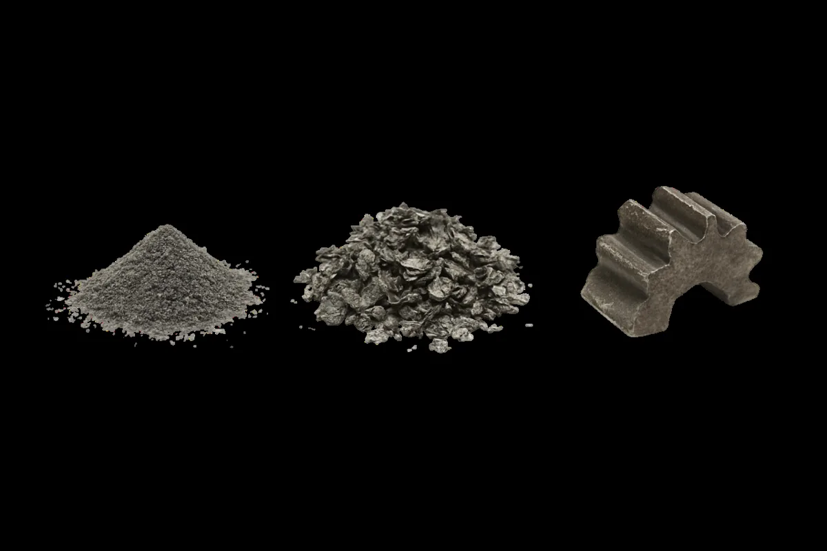 Three samples of ferrous wear debris increasing in size from fine powder, to flakes, to a broken gear tooth fragment