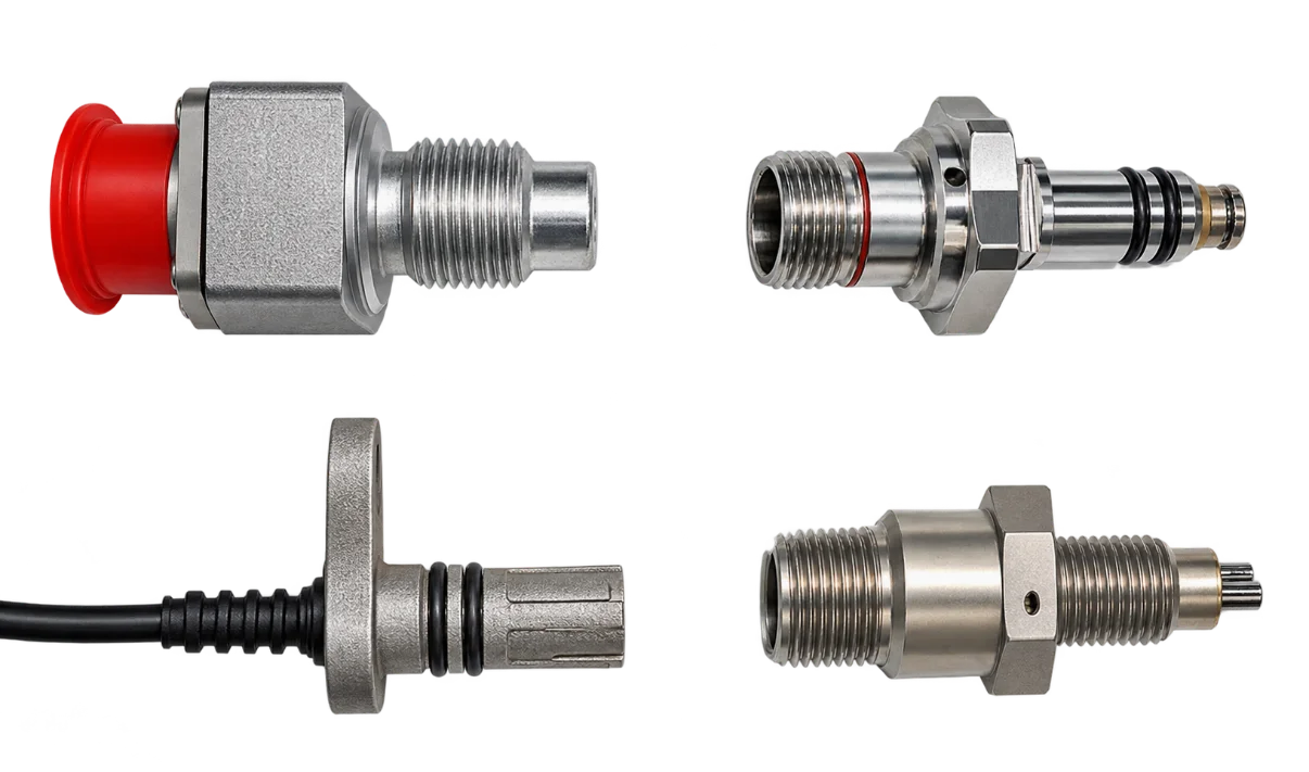 Two sizes of KasperAero NZMS debris sensor on the left, with a disc-style chip detector top right and a two-prong chip detector bottom right