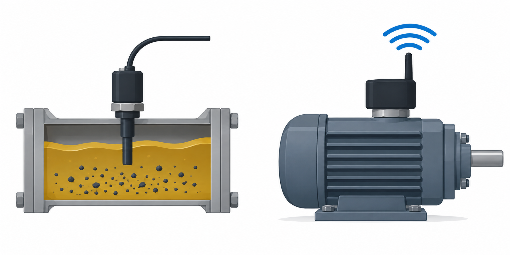 Inline oil debris sensor in a flanged line beside an electric motor carrying a wireless vibration sensor