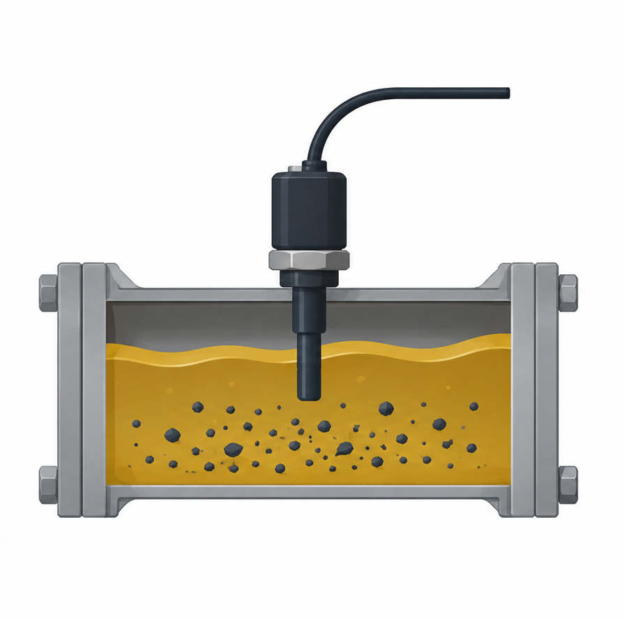 Cutaway of an oil line with a magnetic debris sensor probe collecting ferrous particles from the fluid